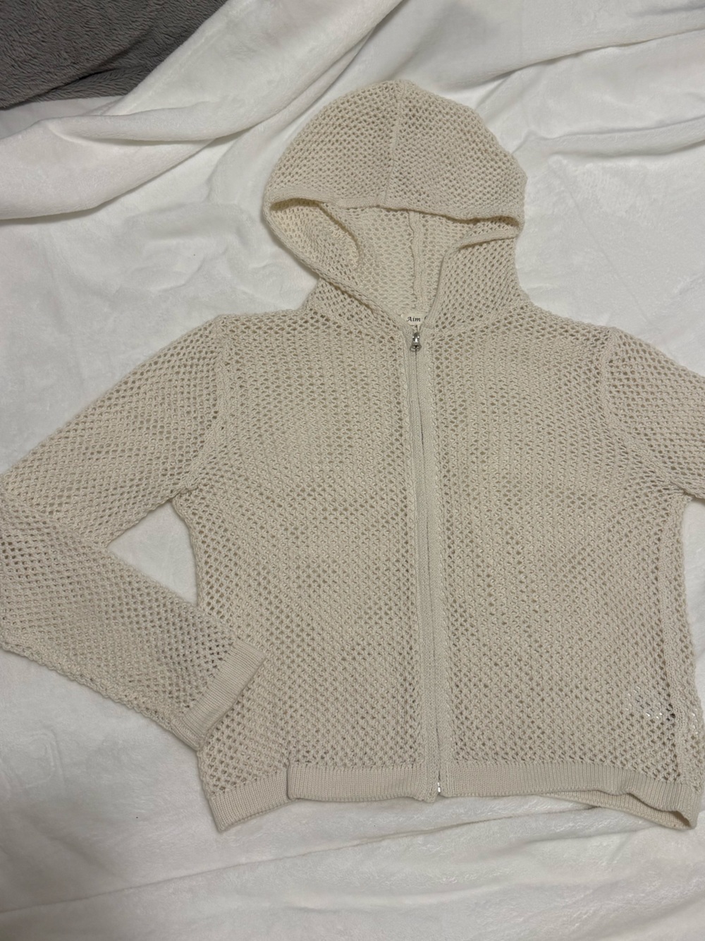 Open-Weave Hooded Zip Cardigan in Light Cream